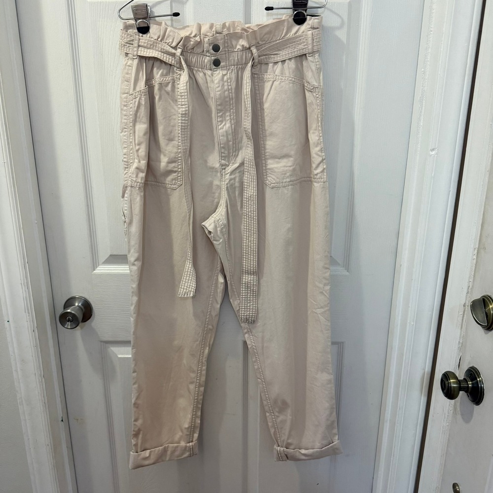 NWT Abercrombie & Fitch A&F Large High Rise Paperbag Belted Pants Cream *FLAW*